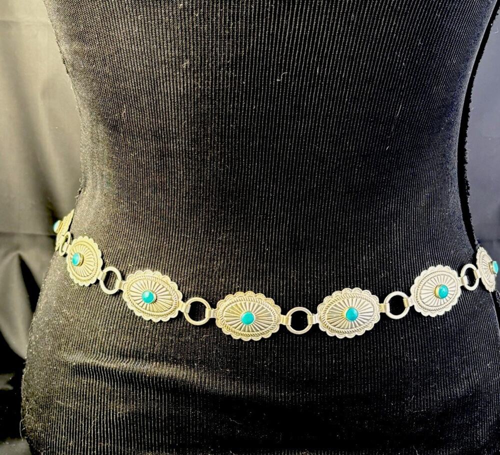 30" Southwestern Silver Tone Concho Faux Howlite Turquoise Style belt Adjustabl